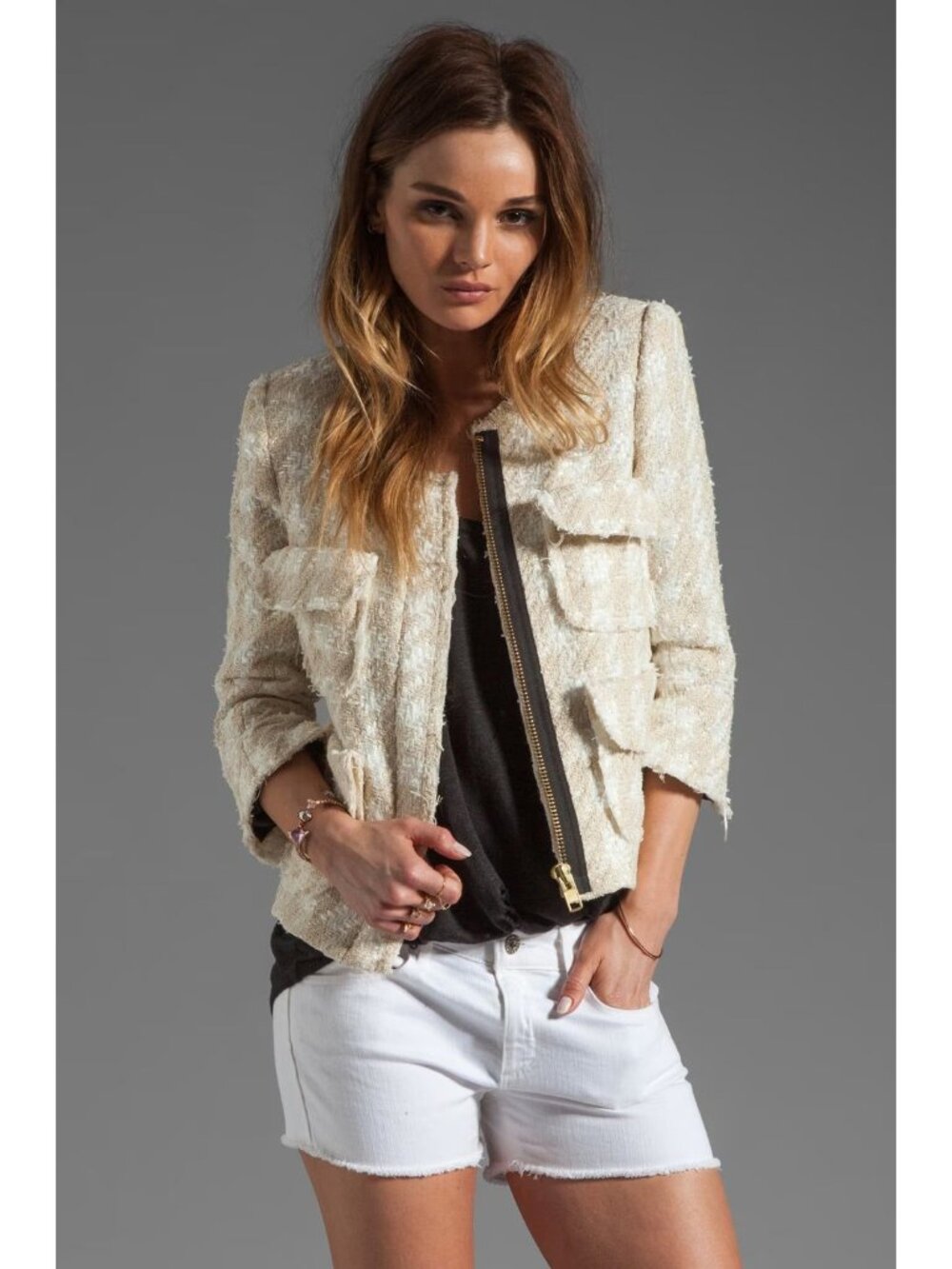 Smythe Size 8 Cream Houndstooth Bouclé Tweed Collarless Zip Jacket